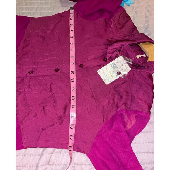 NWT Free People Best Of Both Words Sheer Fuchsia Button-Down Tunic Top Blouse  X - Picture 9 of 11